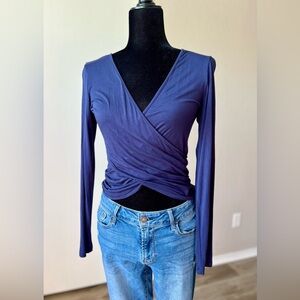 Chic Long Sleeve Wrap Top in Deep Blue